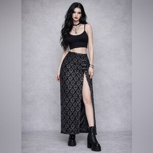 Widow Black Velvet Gothic Damask Maxi Skirt – Frog Closure – Side Slit 1X